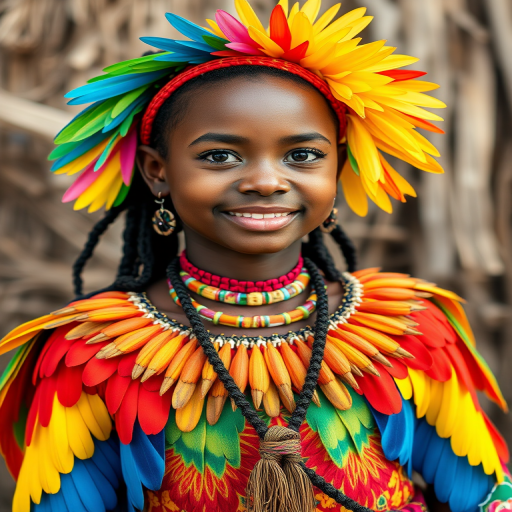 A beautiful Garifuna girl, wearing colorful bird clothing with vibrant colors