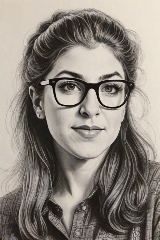 Dazzling Mayim Bialik, pencil sketch, portrait of Beauteous woman 1967s in glasses, hair style beatnik, outline, clear lines, fine lines, 8k