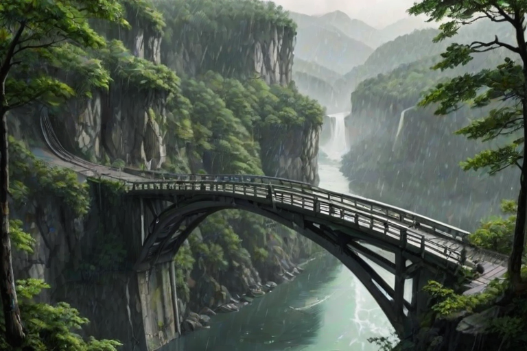 natural lighting, raining, fantasy, bridge focus, CandiBRIDGE, no humans, mountain, water, river, forest, east asian architecture, bridge, tall trees, leaf, from above, negative space, scenery, intricately detailed illustration, depth of field, atmospheric perspective, realistic shading, green theme, monochrome, selective coloring