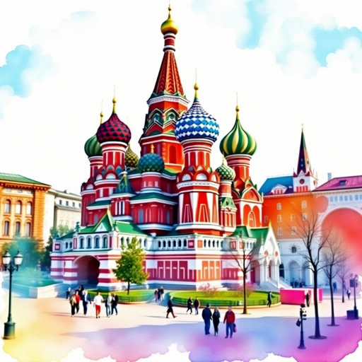Create a vibrant watercolor depiction of St. Basil's Cathedral in Moscow, emphasizing the colorful onion domes and surrounding square, captured with a DSLR camera at 50mm, f/1.8 aperture, 1/200s shutter speed, shot in bright daylight for enhanced clarity and detail.