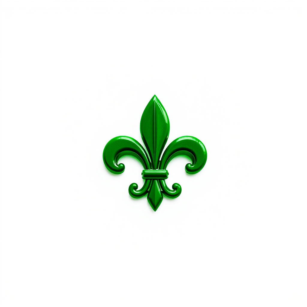 Generate an image of a vibrant green fleur-de-lis on a white background, using a DSLR camera with a 50mm lens, aperture set to f/2.8, ISO 100, and a depth of field effect for enhanced focus on the emblem.