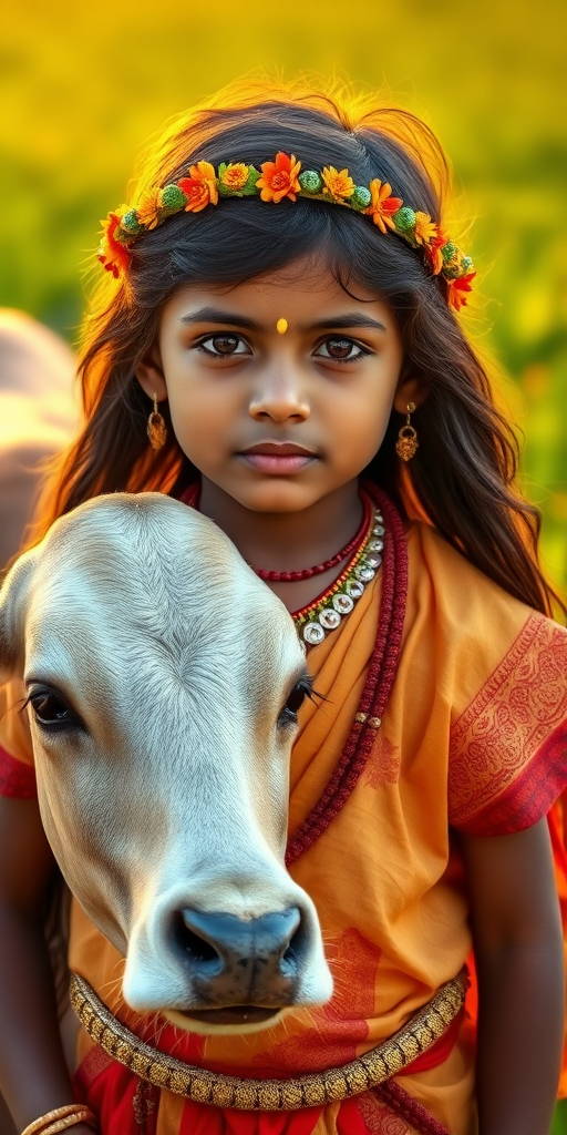 Generate a high-resolution image of a young boy with long hair wearing traditional Indian attire, adorned with jewelry and a flower crown, alongside a gentle cow in a vibrant green field during golden hour, using a Canon EOS R5, 50mm lens, f/1.8 aperture, ISO 100, and a soft focus style for a dreamy effect.