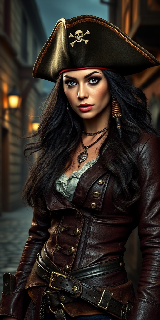 Create a portrait of a fierce female pirate. She wears a leather tricorn hat adorned with a skull and crossbones emblem, and her long, dark hair flows around her face. Her outfit consists of a richly detailed leather jacket, a corset, and multiple layers of belts and accessories, giving her a formidable and stylish appearance. She stands confidently in a dimly lit, historic port town, with a backdrop of weathered buildings and cobblestone streets, capturing the adventurous spirit of a pirate.