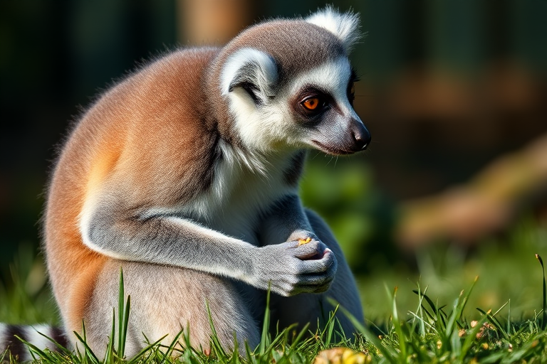 Regenerate a close-up image of a lemur sitting on green grass, capturing the animal in profile while eating, using a DSLR camera set to aperture f/2.8, shutter speed 1/250s, ISO 200, with a 70-200mm lens, in natural light for enhanced detail and depth of field.