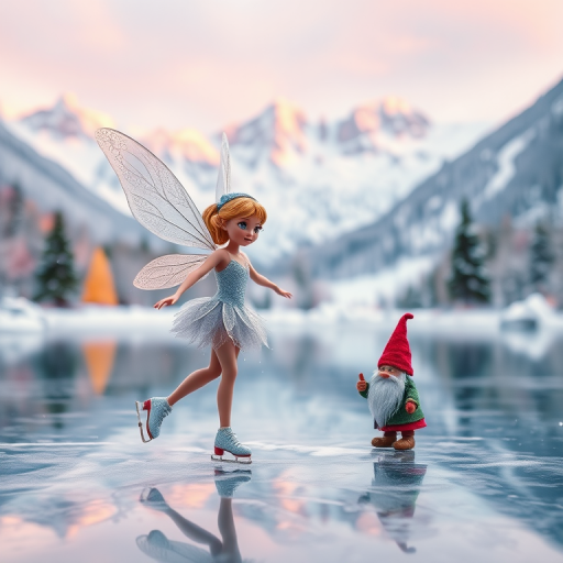 a magical winter scene featuring a fairy with shimmering wings and a gnome, both ice skating on a frozen lake surrounded by colorful trees and mountains, soft pastel colors, well-lit, high-resolution, shot with a 50mm lens at f/1.8, ISO 100, using a DSLR camera in a close-up view with vibrant details and a dreamy bokeh effect