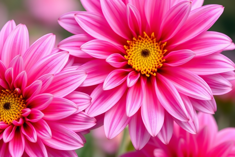 macro shot of vibrant pink dahlias with soft bokeh background, f/2.8 aperture, 50mm lens, ISO 100, natural light, DSLR camera, focus on flower details