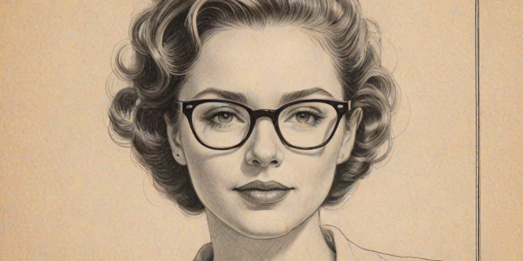 Radiant Erin Darke, pencil sketch, portrait of Attractive woman 1946s in glasses, hair style beatnik, outline, clear lines, fine lines, 8k