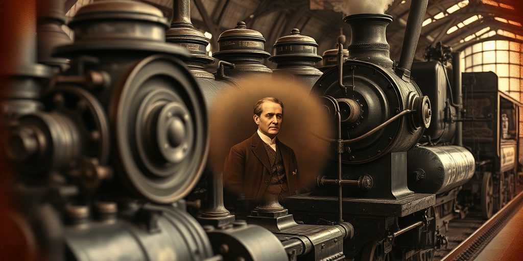 Create a vintage-style image of early steam engines with an overlay of a historical portrait in sepia tones, using a Canon EOS R5 at f/8, ISO 100, 24mm lens, slight vignette effect for depth, focus on intricate details of machinery and textures.