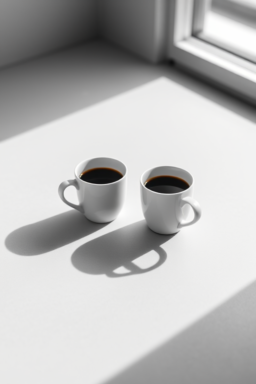 A minimalistic black and white photograph of two coffee cups on a gray surface, soft natural lighting, shallow depth of field, 50mm lens, aperture f/1.8, ISO 100, studio setup, high contrast.
