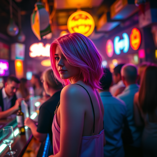 Create a vibrant nightlife scene featuring a woman with pink hair looking back over her shoulder in a crowded bar, using a full-frame camera with a 50mm lens at f/1.8, ISO 400, shutter speed 1/60s, shot in low light with a bokeh effect to emphasize the subjects in the foreground and colorful neon lights in the background.