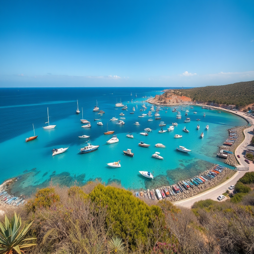 regenerate the image of a scenic coastal view with a clear blue sky, vibrant turquoise waters, and numerous small fishing boats scattered across the harbor, shot with a DSLR camera, using a wide-angle lens at f/8, ISO 100, and a shutter speed of 1/250s for enhanced clarity and detail.