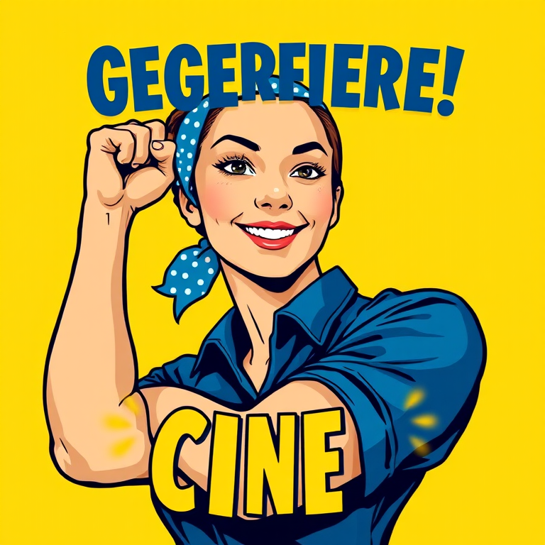 Regenerate an empowering retro-style illustration of a woman flexing her arm with a confident expression, wearing a blue shirt and a polka-dot bandana, against a bright yellow background, using a Canon EOS R5 with a 50mm lens at f/1.8, ISO 100, with a clean composition and vibrant colors, emphasizing bold graphics and a motivational message.