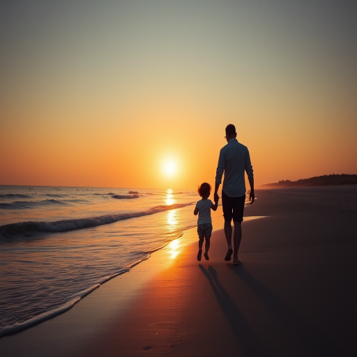 Capture a silhouette of a father and his young child walking hand-in-hand along a sandy beach at sunset, with gentle waves lapping at their feet, using a Canon EOS R5 with a 50mm f/1.2 lens, aperture set to f/2.8, ISO 100, shutter speed 1/200 sec, in warm golden hour lighting.
