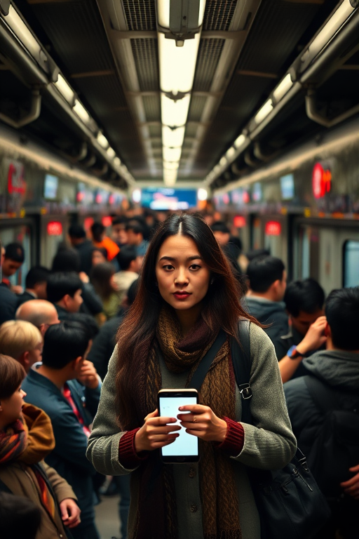 Crowded subway station, the sound of trains screeching and doors closing, a woman stands in the center of the platform, her face illuminated by her phone screen as she waits for her train.