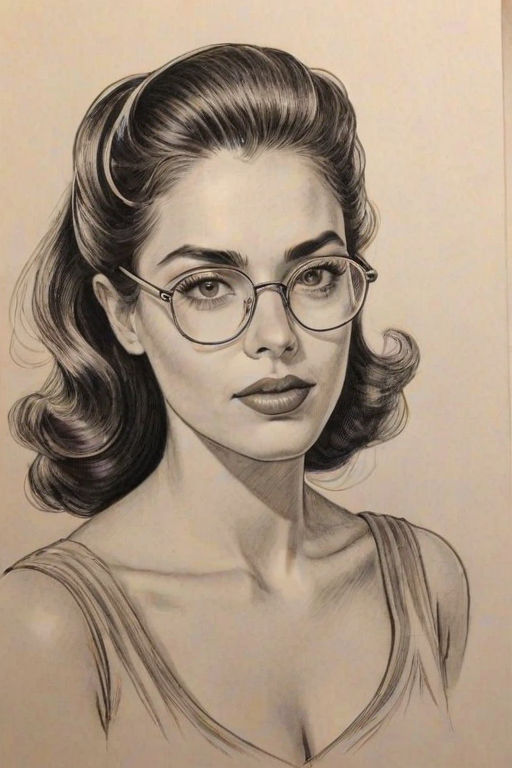 Comely Lorenza Izzo, pencil sketch, portrait of Alluring woman 1947s in glasses, hair style beatnik, outline, clear lines, fine lines, 8k