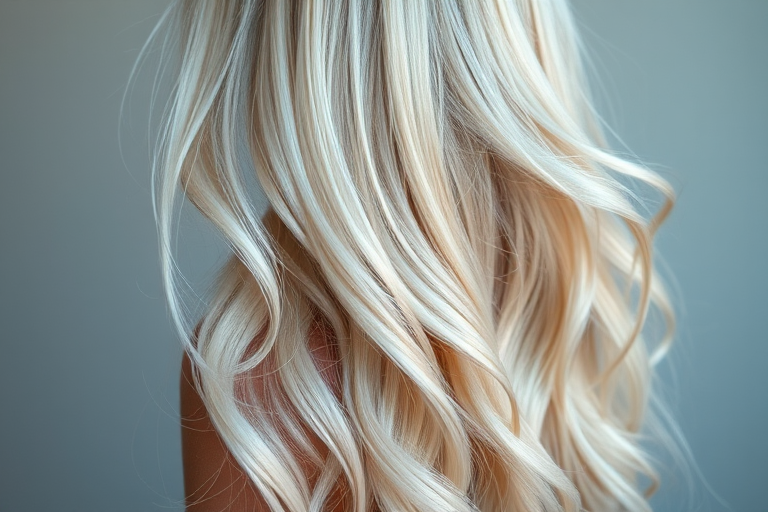 Ethereal hair style displaying long iridescent pearl-toned strands styled in loose ethereal waves with subtle glitter accents