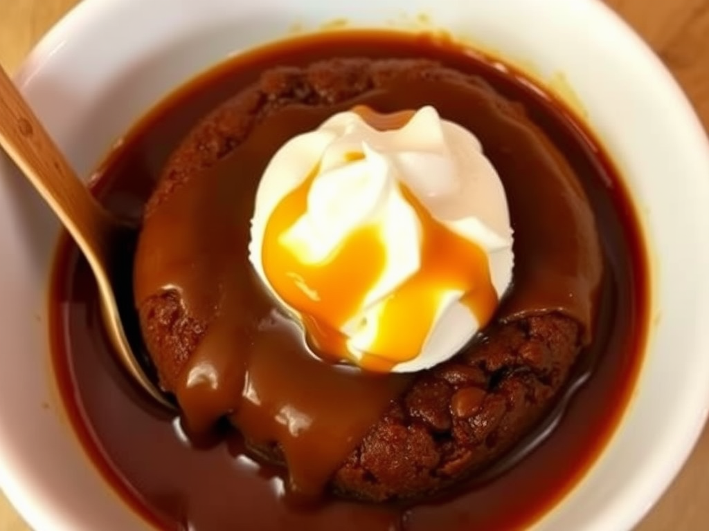 A delicious dessert featuring warm chocolate cake topped with a rich caramel sauce and a dollop of whipped cream served in a white bowl with a wooden spoon.