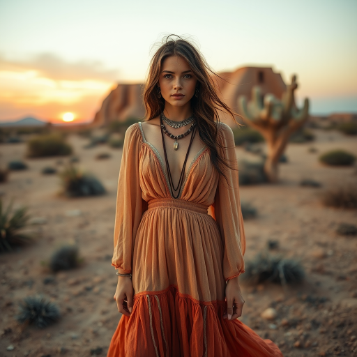Desert setting, bohemian model, flowy dresses, earthy tones, rustic sunset effect,  equipped with a 12mm lens to capture an overhead view of the model, emphasizing symmetry and spatial positioning