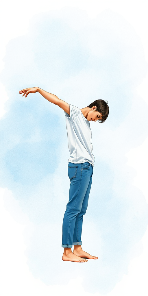illustration of a person stretching to the side with a light blue watercolor background, captured using a digital camera, 35mm lens, f/4 aperture, ISO 100, soft focus view, flat lay style for clarity and color enhancement