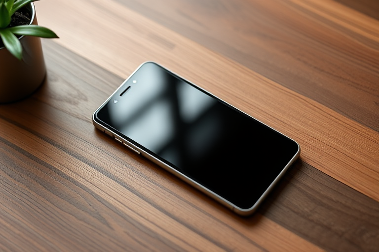 Generate an image of a sleek, modern smartphone on a wooden table, captured with a DSLR camera, aperture set to f/2.8 for a shallow depth of field, shutter speed at 1/125s, ISO 100, in natural lighting, top-down view, high resolution.