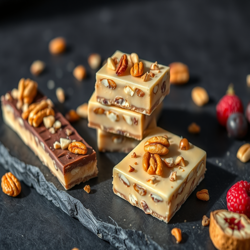 Capture a high-resolution image of assorted nougat bars garnished with nuts and fruit on a dark slate surface, using a Canon EOS R5 with a 50mm lens, aperture set to f/2.8 for shallow depth of field, ISO 100 for low noise, and natural lighting to enhance the texture and colors.
