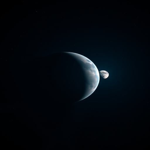 A high-resolution image of two celestial bodies (a large planet and a smaller moon) set against a dark, swirling space background, captured with a Canon EOS R5 at f/8, ISO 100, 24mm with a wide-angle lens in astrophotography style.