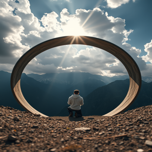 Create an image of a person kneeling in a circular portal, surrounded by mountainous terrain and dramatic clouds, with sunlight streaming through the portal; use a full-frame camera, f/1.8 aperture, ISO 100, 24mm lens, and a shallow depth of field for enhanced clarity and detail.
