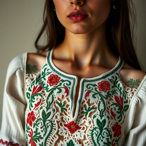 Face, shoulders, chest covered in openwork Ukrainian embroidery. Raw, unedited image.