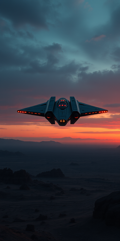 futuristic spaceship design flying low over an alien landscape at dusk, high dynamic range, ISO 100, f/8 aperture, 1/250 sec shutter speed, 24mm lens, wide-angle view, captured with a DSLR camera