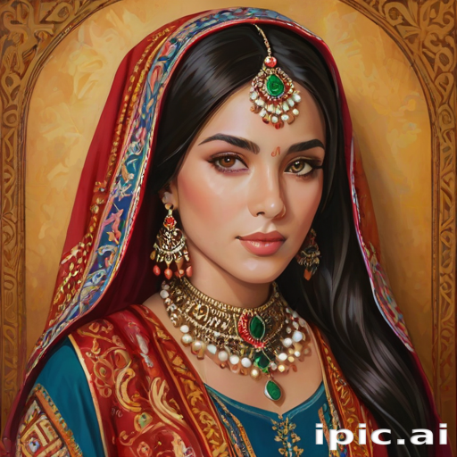 Create a portrait of a beautiful woman with striking hazel eyes and a gentle expression. She is adorned in traditional attire with intricate patterns, including a richly embroidered headscarf and matching garments. Her jewelry includes a delicate headpiece, dangling earrings, and ornate bracelets, all featuring vibrant gemstones and detailed metalwork. The background is soft and warm, enhancing the rich colors of her outfit and jewelry.