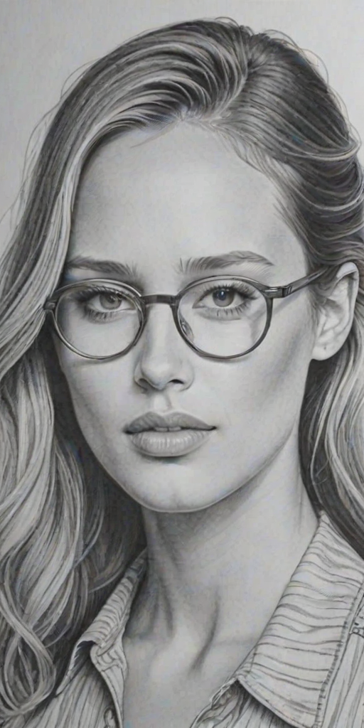 Lovely Dylan Penn, pencil sketch, portrait of Fascinating woman 1977s in glasses, hair style beatnik, outline, clear lines, fine lines, 8k
