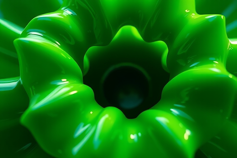 create a high-resolution abstract image featuring a vibrant green organic shape with light reflections, using a DSLR camera at f/8 aperture, ISO 100, 50mm lens, shot in macro view with natural lighting for enhanced detail and clarity