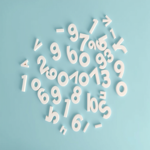 create a high-resolution image of scattered three-dimensional white numbers on a soft blue background with a focal length of 35mm, aperture f/8, ISO 100, shot from a top-down viewpoint using a DSLR camera