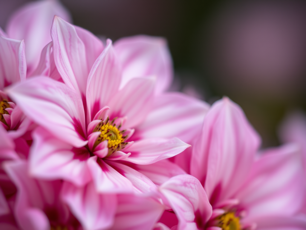 Close-up shot of pink and white flowers with intricate petal patterns, soft blur background, aperture f/2.8, shutter speed 1/200s, ISO 100, macro lens, DSLR camera, natural lighting.