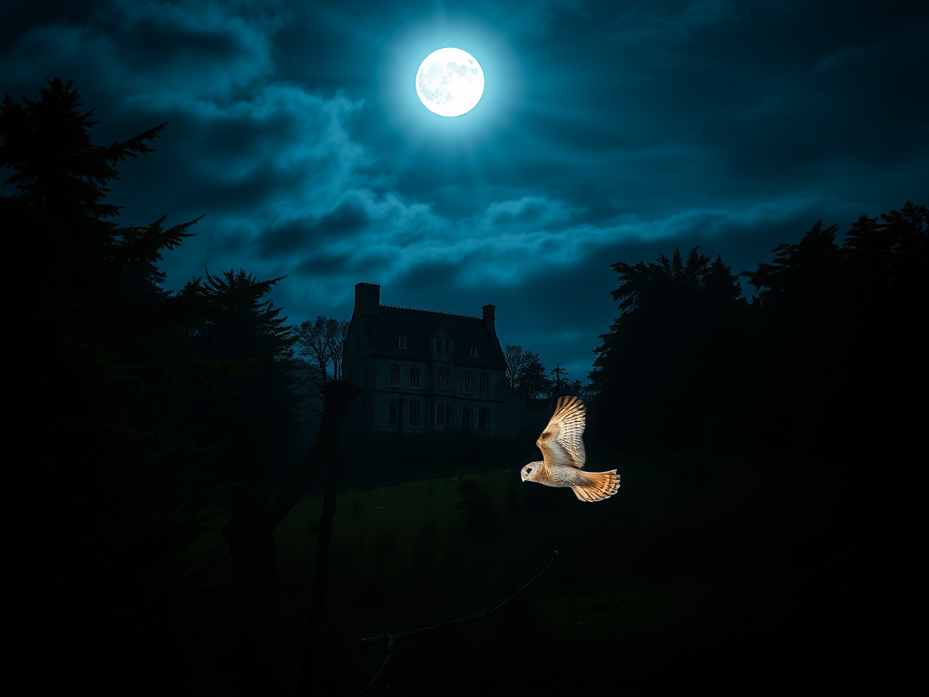 create a dramatic night scene of a ruined castle surrounded by dense trees with a moonlit sky and an owl flying in the foreground, using a DSLR camera at f/2.8 aperture, 50mm lens, ISO 400, with a slight vignette effect.