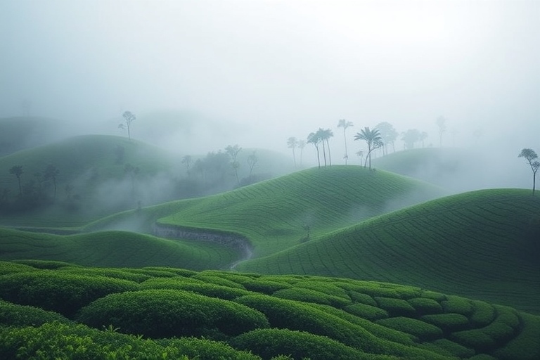 Capture a misty tea plantation landscape with rolling green hills, soft diffused lighting, and a serene atmosphere, using a Canon EOS R5 with a 24-70mm f/2.8 lens, aperture set to f/8, ISO 100, shutter speed 1/60s, shooting at eye level.