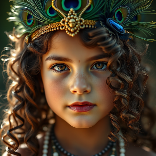 Create a highly detailed portrait of a young deity with curly hair and a peacock feather crown, using a 50mm lens at f/1.8, natural lighting for a soft glow, shot in portrait style with a DSLR camera for enhanced clarity and color vibrancy.