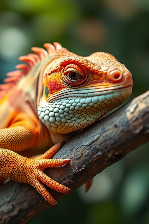 Close-up of an iguana resting on a branch, natural lighting, shallow depth of field, 50mm lens, f/2.8 aperture, ISO 100, 1/200 sec shutter speed, DSLR camera, vibrant colors and texture detail.