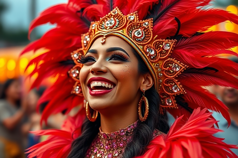 Regenerate an image of a joyful woman in elaborate carnival attire with feathers and sparkling makeup, captured in a vibrant festival setting, using a Canon EOS R5 camera, 50mm lens, aperture f/1.8, ISO 100, 1/200s shutter speed, in shallow depth of field, with warm ambient lighting to enhance facial expressions and colors.