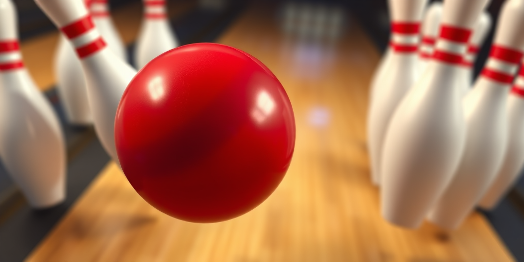 Create a 3D rendering of bowling pins and a red bowling ball in motion, high angle view, with a blurred background, Canon EOS 5D, f/2.8 aperture, ISO 100, 50mm lens.
