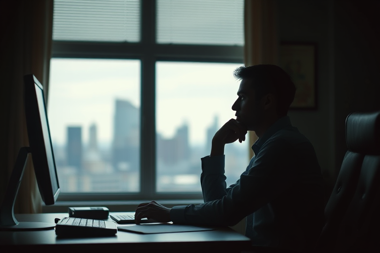 Create a high-resolution digital artwork of a contemplative man sitting at a desk in a dimly lit room, with a city skyline visible through the window, using a DSLR camera with a 50mm lens, aperture f/1.8, ISO 200, natural light, and soft focus to enhance depth and mood.