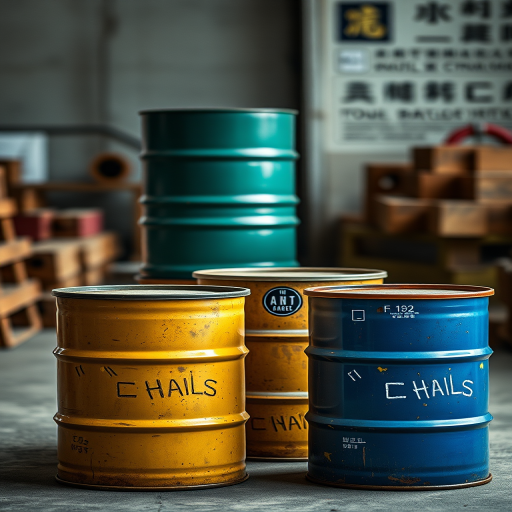 Create a high-resolution image of four oil drums in various positions, using a DSLR camera with a 50mm lens, aperture set to f/8, ISO 100, 1/200 sec exposure, and slight bokeh effect in the background, ensuring a well-lit environment with soft, diffused lighting to enhance texture and detail.
