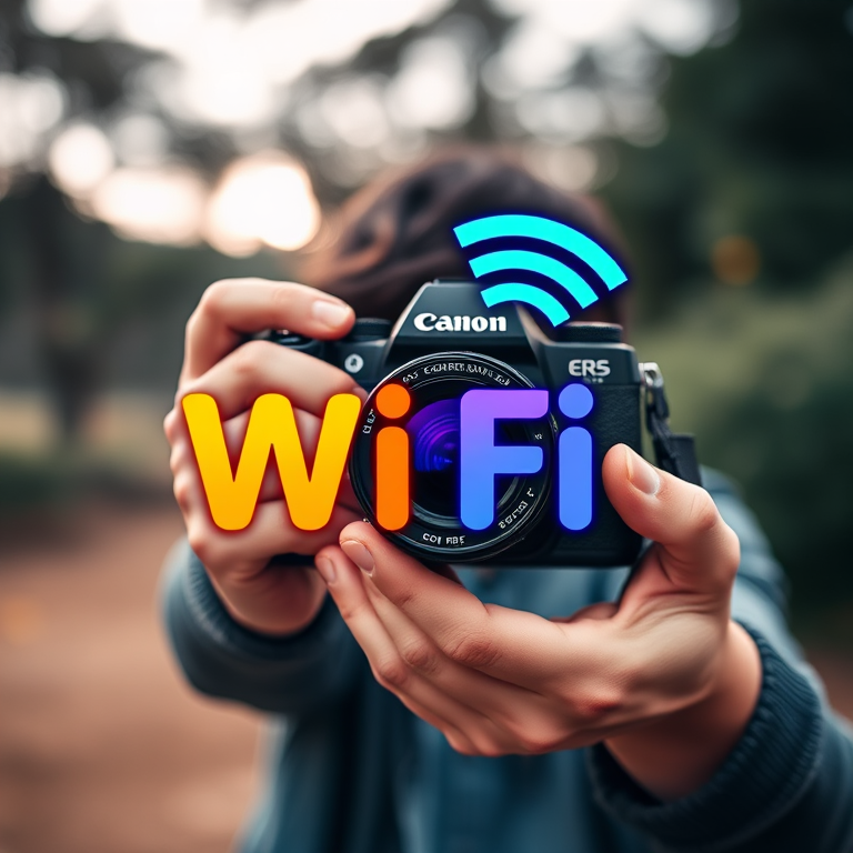 Create an image of a person holding a camera with a blurred natural background, featuring a prominent and stylized text overlay of "Wi-Fi" in vibrant colors, shot with a Canon EOS R5 at f/2.8, ISO 100, 1/200 sec, using a shallow depth of field for enhanced focus on the subject.
