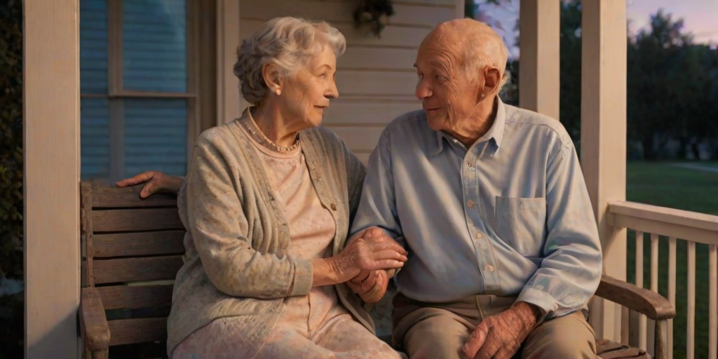 Softly lit, intimate image of an elderly couple sitting on a porch swing at dusk, holding hands, with soft candlelight illuminating their faces and a distant sunset painting the sky in pastel hues.