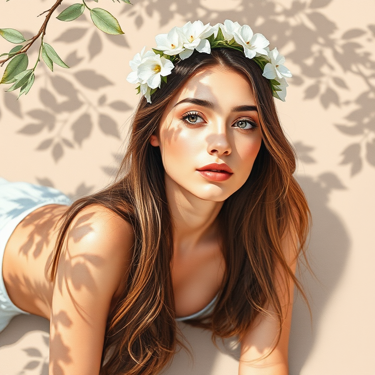 create a watercolor painting of an ethereal portrait of beautiful Turkish woman with a simple white flower crown on her head. Her hair is long and she is lying on the ground. The sunlight on the trees casts shadows from the leaves on her face and body. The background is a neutral brown color that matches her skin tone. The image is minimalist and solid colors. This style is characterized by soft, delicate brushstrokes and a light, airy, contrasting color palette. High level of detail and play of light