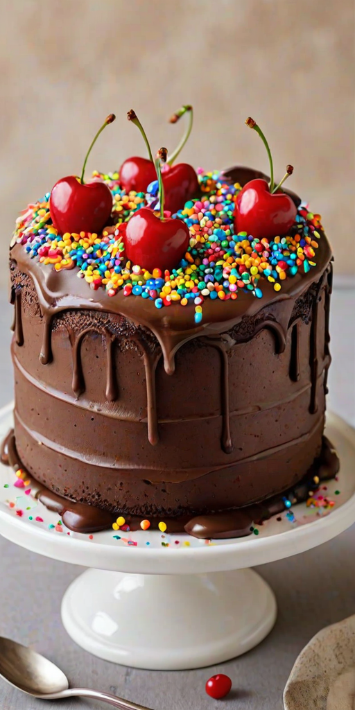 Generate an image of a chocolate cake with a smooth chocolate frosting. The cake should have decorative swirls of frosting on top, adorned with colorful cherry-like toppings. Scatter small heart-shaped sprinkles in various colors around the sides of the cake. The background should be simple and neutral to highlight the cake.