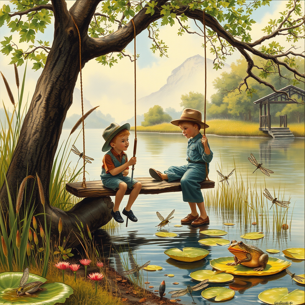 Imagine a small group of old fashioned young boys out fishing by the creek, a swing hanging from a tree branch, reeds and grasses by the water's edge, a frog sitting on a lily pad, dragonflies hovering over som water plans, a very iconic old fashioned scene reminiscent of a Norman Rockwell painting style