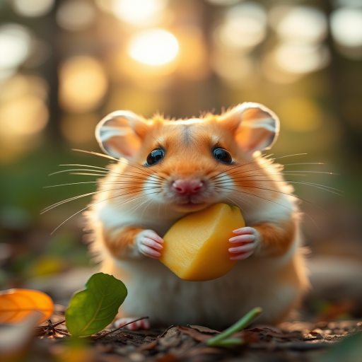A cute hamster holding a piece of fruit, with big shining eyes, in a forest setting, soft bokeh background, golden sunlight filtering through the trees, captured with a DSLR camera, 50mm lens, f/1.8 aperture, ISO 200, natural lighting, close-up view.