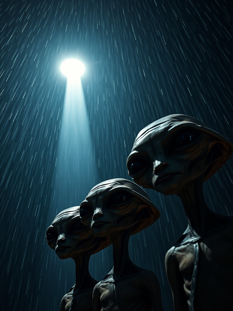 Create a high-resolution image of three extraterrestrial beings with large heads and dark eyes under a rainy night sky, with a UFO hovering above emitting a bright beam of light, captured with a Canon EOS R5 at f/1.8, ISO 100, 24mm lens, in a low-angle shot, using a cinematic style for dramatic lighting and depth.