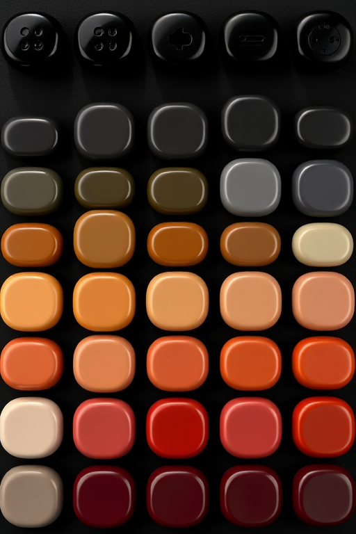 Create an image of glossy, rounded buttons in a grid format with various shades from dark to light across a black background, use a DSLR camera with a 50mm lens, aperture f/2.8, ISO 100, and natural lighting for optimal clarity and vibrancy.